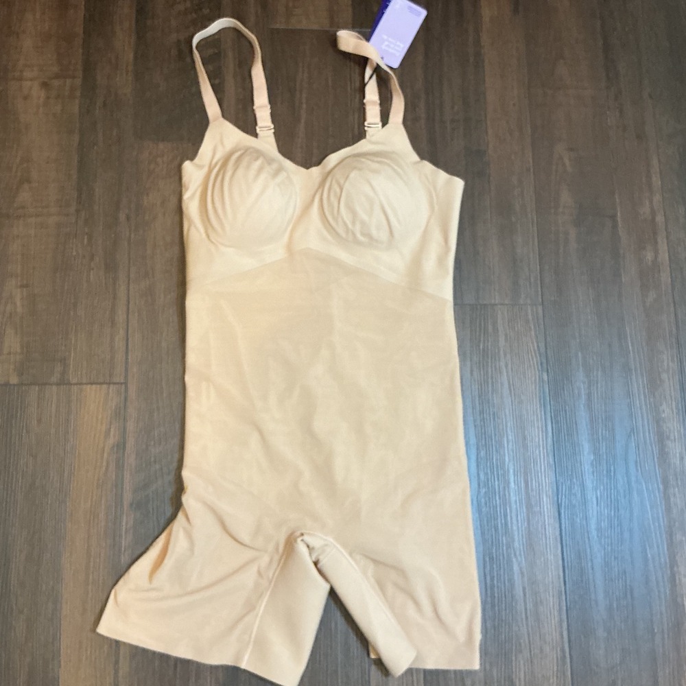 Honeylove Queen Brief Mid-Thigh Bodysuit Beige Compression Shapewear XL NWT